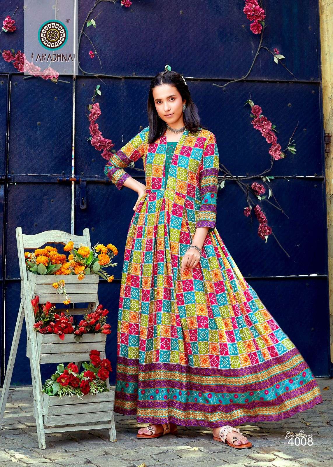 BANDHANI VOL 4 RAYON BANDHANI PRINT EMBROIDERY WORK LIVA TAG LONG GOWN KURTI BY ARADHNA BRAND 4008